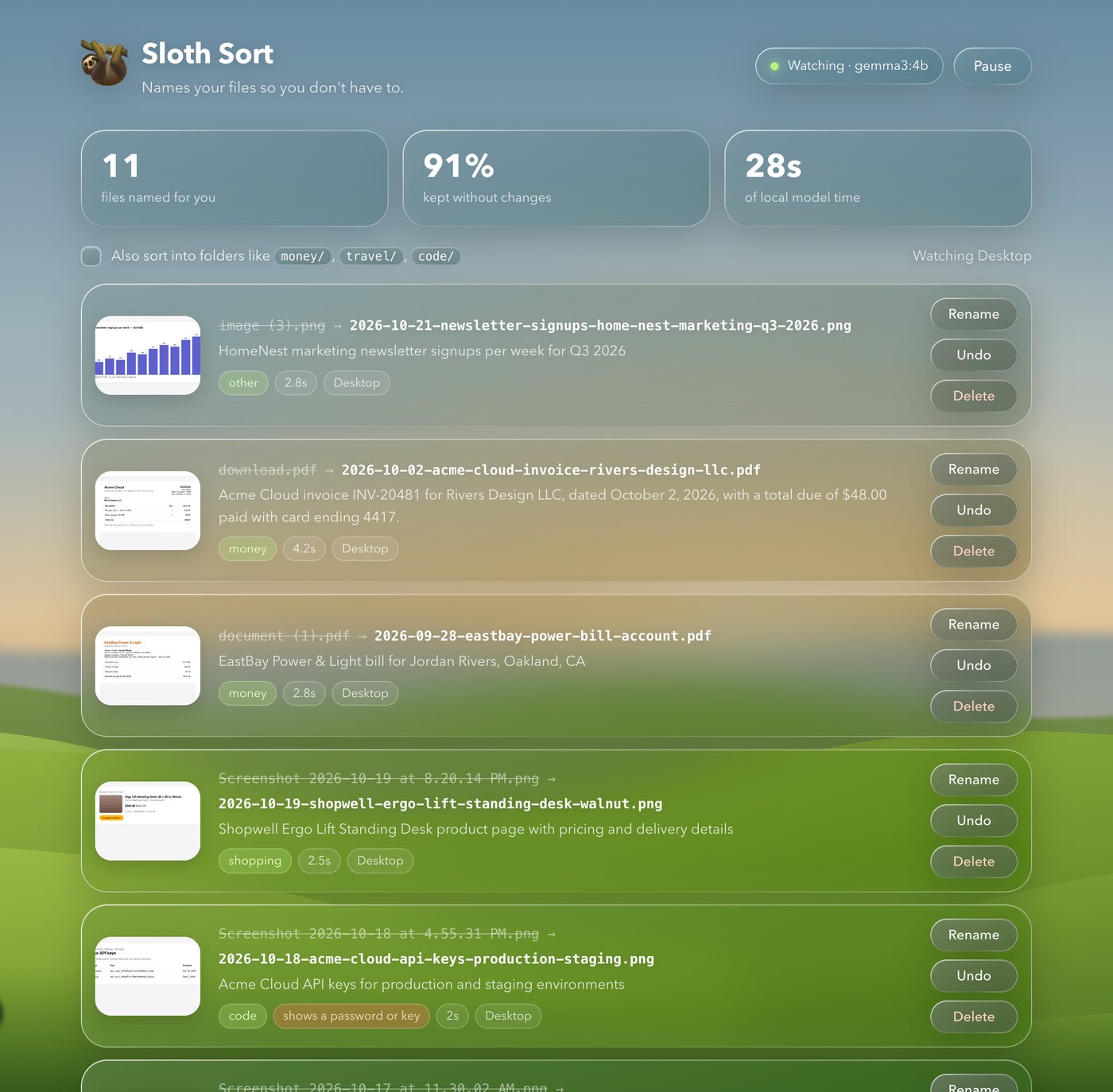 Sloth Sort review page listing renamed files with before and after names, categories and Undo buttons